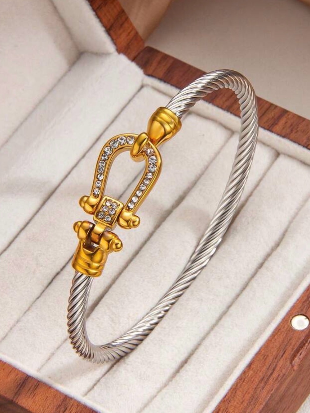 Western Elegant Two-Tone Cable Bangle with Gold Crystal Horseshoe Clasp